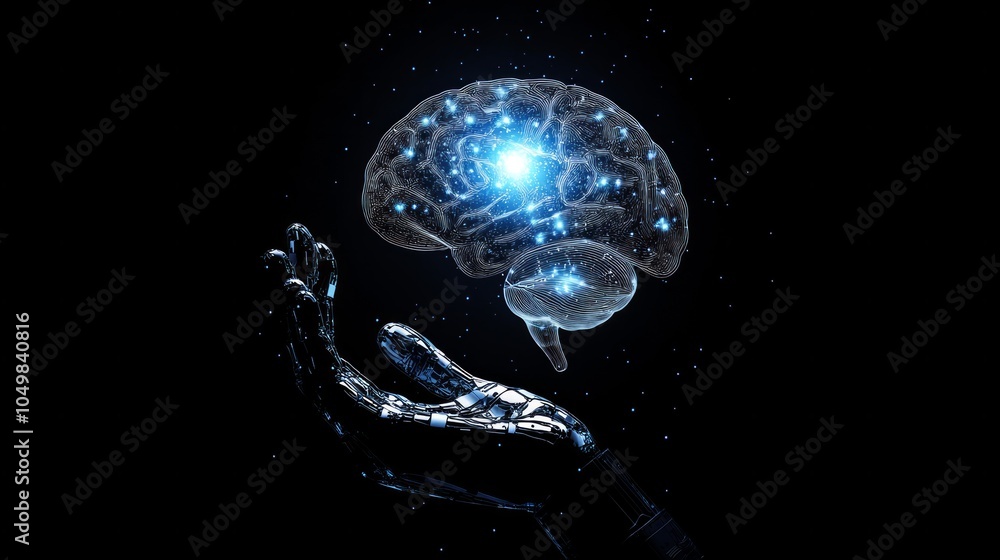 Poster close-up ai robot holds ai brain with open hand. artificial intelligence or ai analysis information.