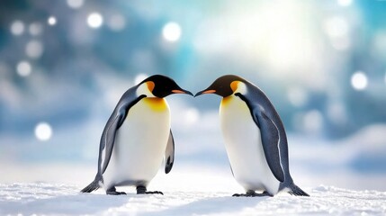 Fototapeta premium Two emperor penguins facing each other on snowy terrain, symbolizing wildlife, love, and the cold Antarctic environment.
