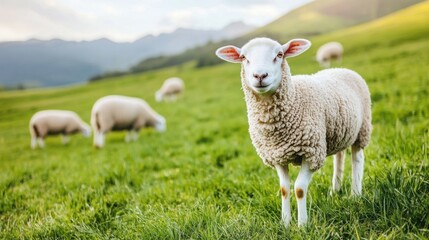 Fototapeta premium A hologram of AI data on animal health hovers over a serene field with grazing sheep in soft, neutral light.
