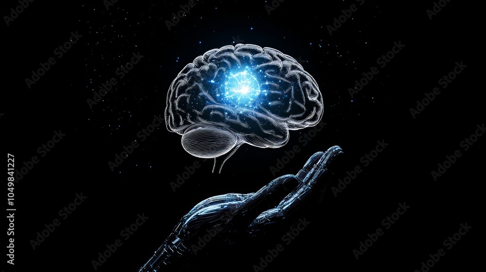Poster close-up ai robot holds ai brain with open hand. artificial intelligence or ai analysis information.