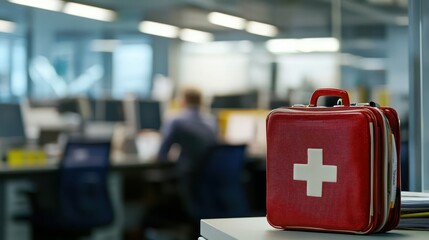 A busy office environment with a first-aid kit visible after a workplace accident, emphasizing safety readiness