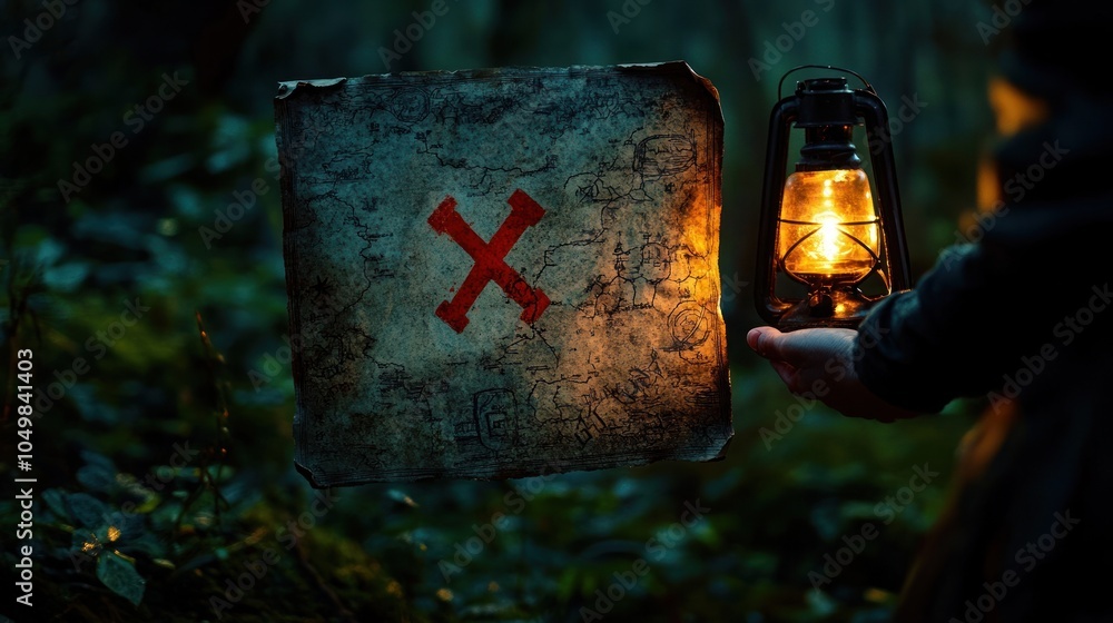 Poster a hand holds a lantern illuminating an old map with a red 'x' marking the spot in a dark forest.