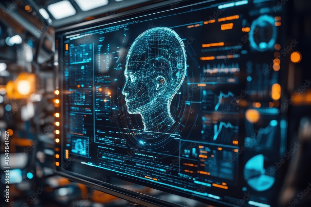 Poster high-tech digital interface displaying a 3d human head model in a futuristic research lab setting