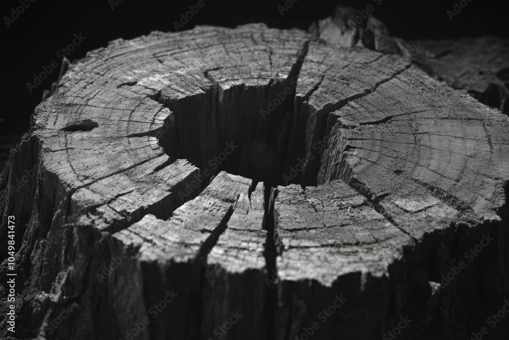 Poster a black and white photo of a tree stump with rugged texture and intricate patterns