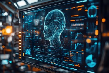 High-tech digital interface displaying a 3D human head model in a futuristic research lab setting