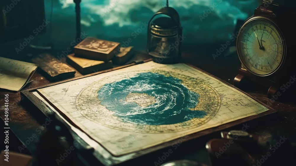 Poster a table with a clock and a map on it, useful for illustrating schedules or travel plans
