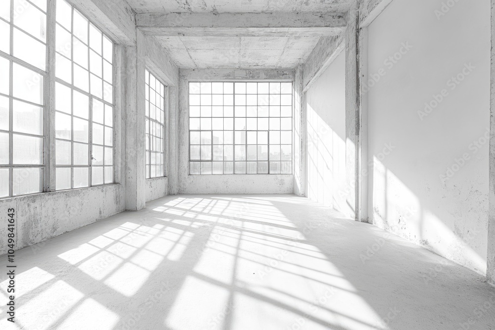 Poster an empty room with numerous windows and a fire hydrant, ideal for use in architecture or interior de
