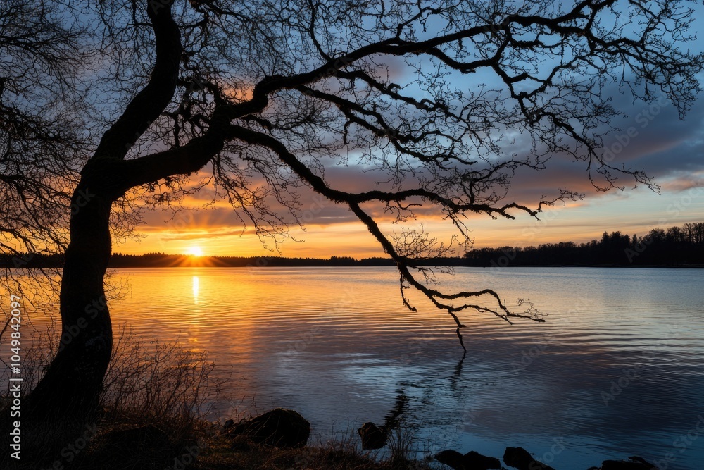 Poster a serene scene of the sun setting over a lake with a tree in the foreground, perfect for use in natu