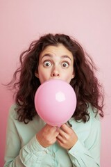 A person creating a bubble with a pink balloon, often used for creative or celebratory purposes