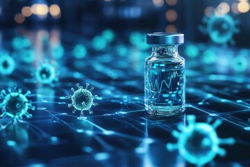 Vaccine vial surrounded by digital representations of viruses in a futuristic laboratory setting