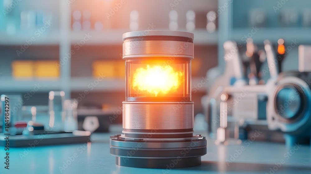 Poster miniature fusion reactor model with glowing light on futuristic lab bench