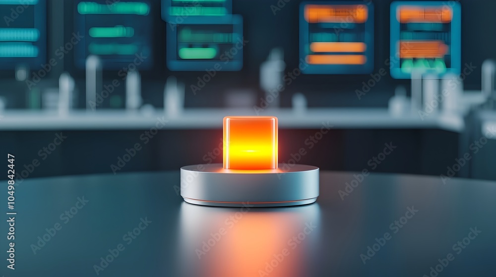 Poster glowing experimental micro fusion device in dark lab with data screens