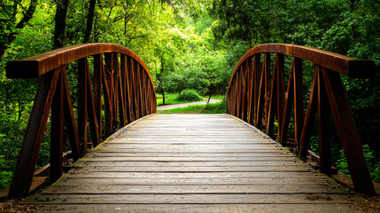 Fototapeta premium Wooden bridge over a stream in a lush green forest.
