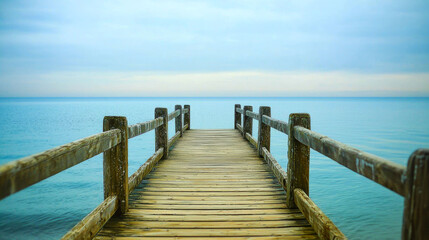 Obraz premium Wooden pier extending into a calm blue sea under a cloudy sky.