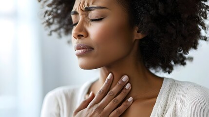 A pensive African American woman with eyes closed expressing chest discomfort or pain