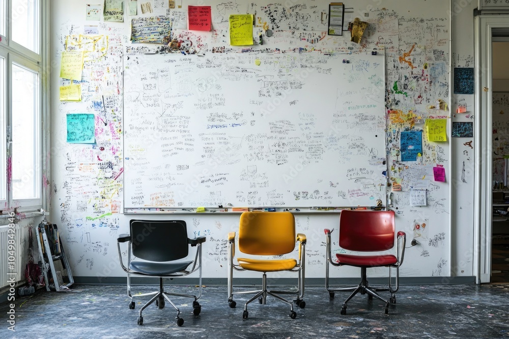 Poster three chairs setup in front of a white board with written notes, ideal for meeting or brainstorming 