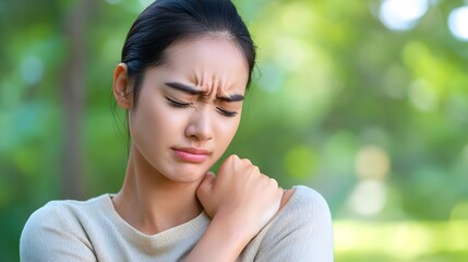 Pained Female Pressing Forearm Outdoors in Nature