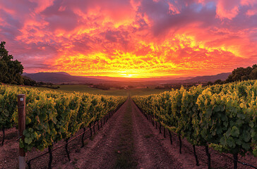 Fototapeta premium Beautiful wineyards landscape, Grape field. Vineyard hills. Summer scenery with wineyard rows 