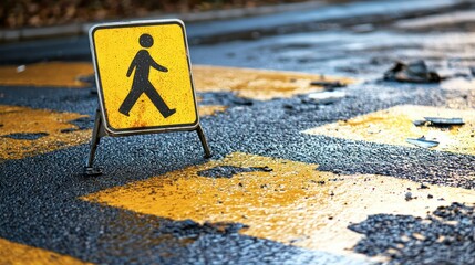 A close-up of a crosswalk sign and the aftermath of a pedestrian accident, emphasizing safety measures