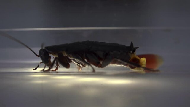 Huge cockroach captive in artificial transparent environment, gives birth to a capsule, artificial lighting