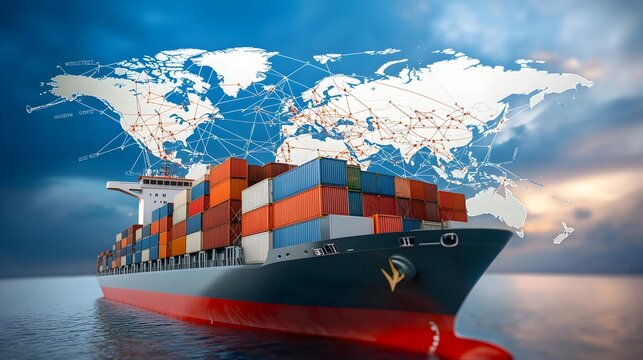 Digital World Map Overlay on Container Ship Highlighting Global Supply Chain Networks - Powered by Adobe