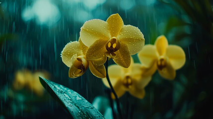 Fototapeta premium Yellow orchid flowers in the rain.