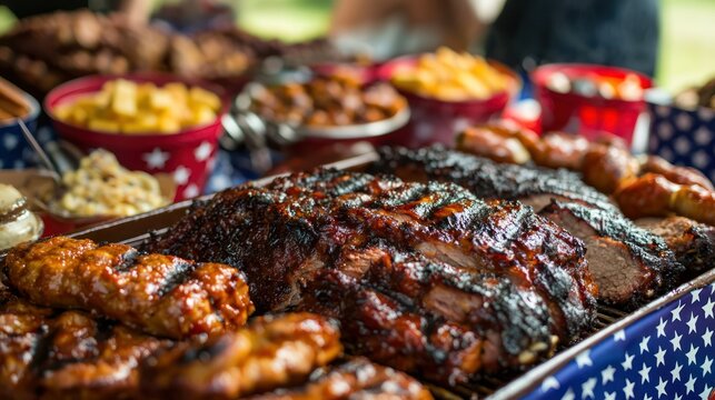 A close-up of a delicious spread of BBQ foods served at a Memorial Day cookout, with red, white, and blue tableware