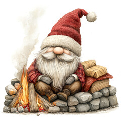 whimsical gnome wearing wool Santa hat sits by cozy fire, surrounded by stacked logs and stones. warm glow of flames adds cheerful ambiance to scene