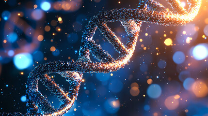 A 3D rendering of a DNA strand, with a glowing, sparkling effect and a blue and orange bokeh background.