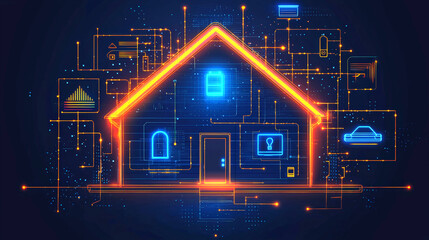 Minimalist vector illustration of smart home technology featuring glowing house outline with various connected devices and circuits. This design represents modern living and innovation