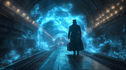 Fototapeta premium Mysterious figure in vintage attire standing in illuminated tunnel with blue energy