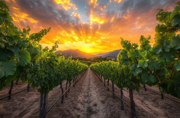 Fototapeta premium Beautiful wineyards landscape, Grape field. Vineyard hills. Summer scenery with wineyard rows 