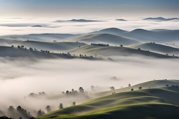 Foggy hills layers of fog covered hills fading into the distance creating a serene mountain lands, AI Generated