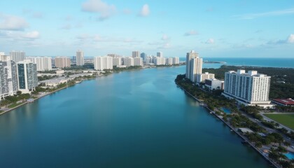 Fototapeta premium Serene cityscape with waterfront highrise buildings and clear blue sky