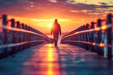 Fototapeta premium A person walks across a bridge as the sun sets in the background, casting a warm glow