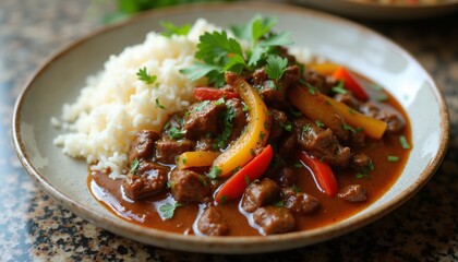 Close-Up of Juicy Beef Curry with Rice and Colorful Garnishes.