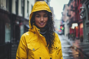 Fototapeta premium A woman wearing a yellow raincoat stands in the rain, providing shelter from the elements