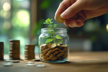 A person is putting coins into a jar with a plant inside