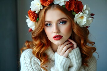Naklejka premium A young woman with stunning red hair wearing a floral crown poses for a portrait against a dark background in soft natural light. Generative AI