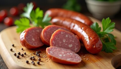 Deliciously prepared sausages and salami on a wooden board