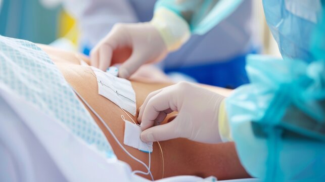 A close-up of a healthcare worker applying an ECG electrode on a patient��s chest in a bright, sterile room, macro shot