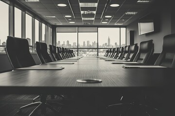 A large conference room with a long table and many chairs