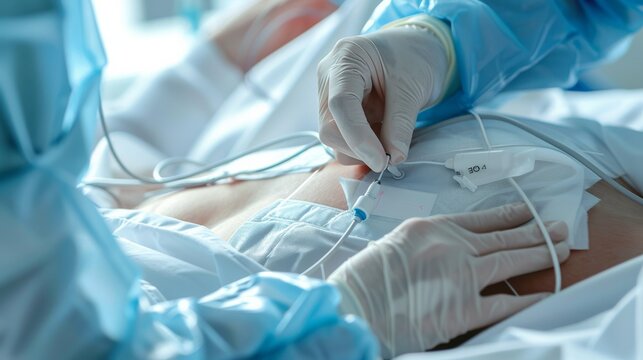 A close-up of a healthcare worker applying an ECG electrode on a patient��s chest in a bright, sterile room, macro shot