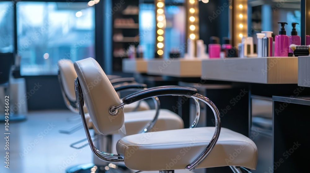 Poster a close-up of an empty salon chair with styling tools neatly arranged nearby, ready for the next cli
