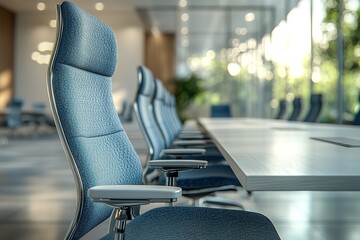 A blue office chair sits in front of a long table