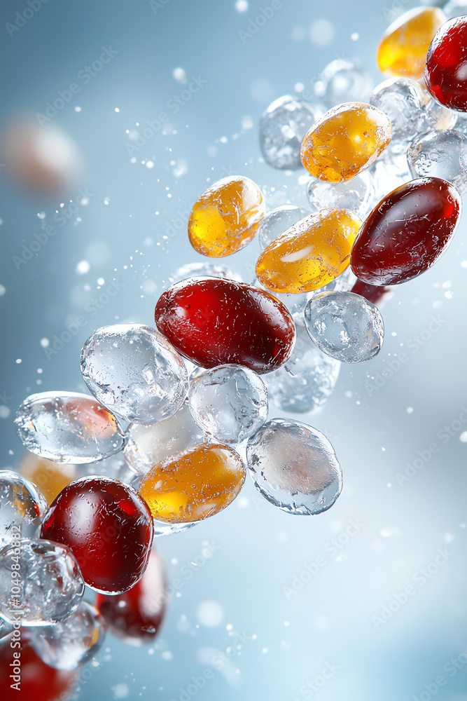 Poster exploring the intricate beauty of gel capsules in fluid dynamics a visual journey through color and 