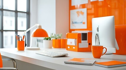 An orange office featuring a desk and computer, creating a vibrant and productive workspace atmosphere.