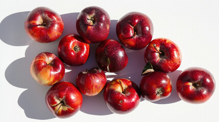 Autumn Harvest. Using Apples to Make Different Dishes apple pie. Patterned arrangement of red apples casting shadows on white studio background