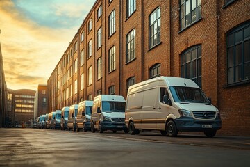 A row of white vans are parked in front of a brick building