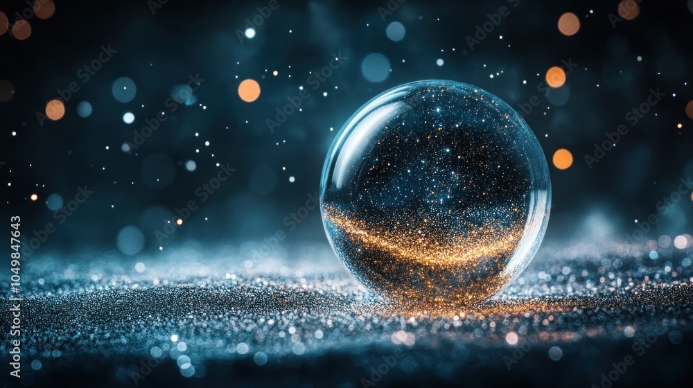 Poster a glass orb with glittering gold dust inside sits on a sparkling surface with blurred lights in the 